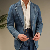 修身 春秋新款 英伦复古气质牛仔单西男韩版 水洗做旧高定西服外套潮