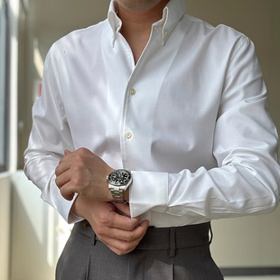 秋冬新款意式复古一片领长袖纯色衬衫男韩版高级感自制百搭衬衣帅