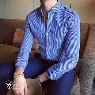 一字领免烫长袖 韩国韩版 衬衫 男修身 夏季 条纹百搭休闲衬衣男士 新品