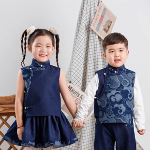SUUNAI.WRH蒙古马甲套装儿童男女宝童装民族风背心亲子装牛仔蓝