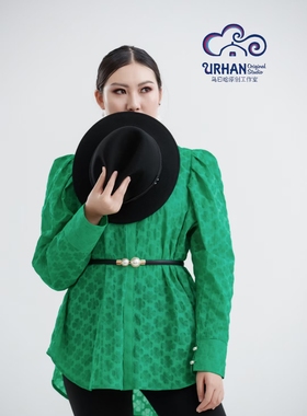 SUUNAI.WRH蒙古立领民族风衬衫绿色通勤打底腰带宽松显瘦女装