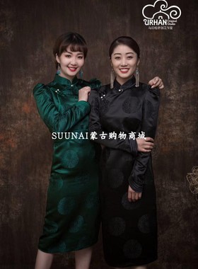 SUUNAI.WRH立领收腰原创中腰纯色中长裙绿色轻熟单件蒙古民族风潮