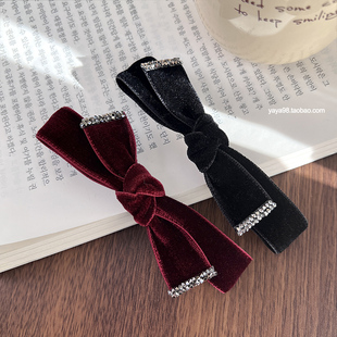 韩国东大门高级感丝绒蝴蝶结水钻弹簧夹法式复古公主头发夹顶夹子