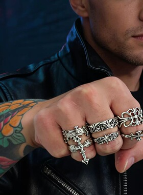 复古vintage十字架6件套装戒指男朋克风嘻哈潮流小众指环配饰个性