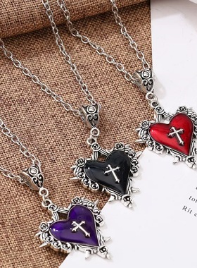 vintage哥特风爱心十字架项链女亚文化独特千禧辣妹气质潮流吊坠