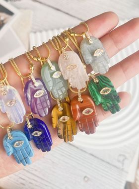 复古蓝色眼睛天然石法蒂玛之手项链女欧美恶魔之眼小众吊坠礼物