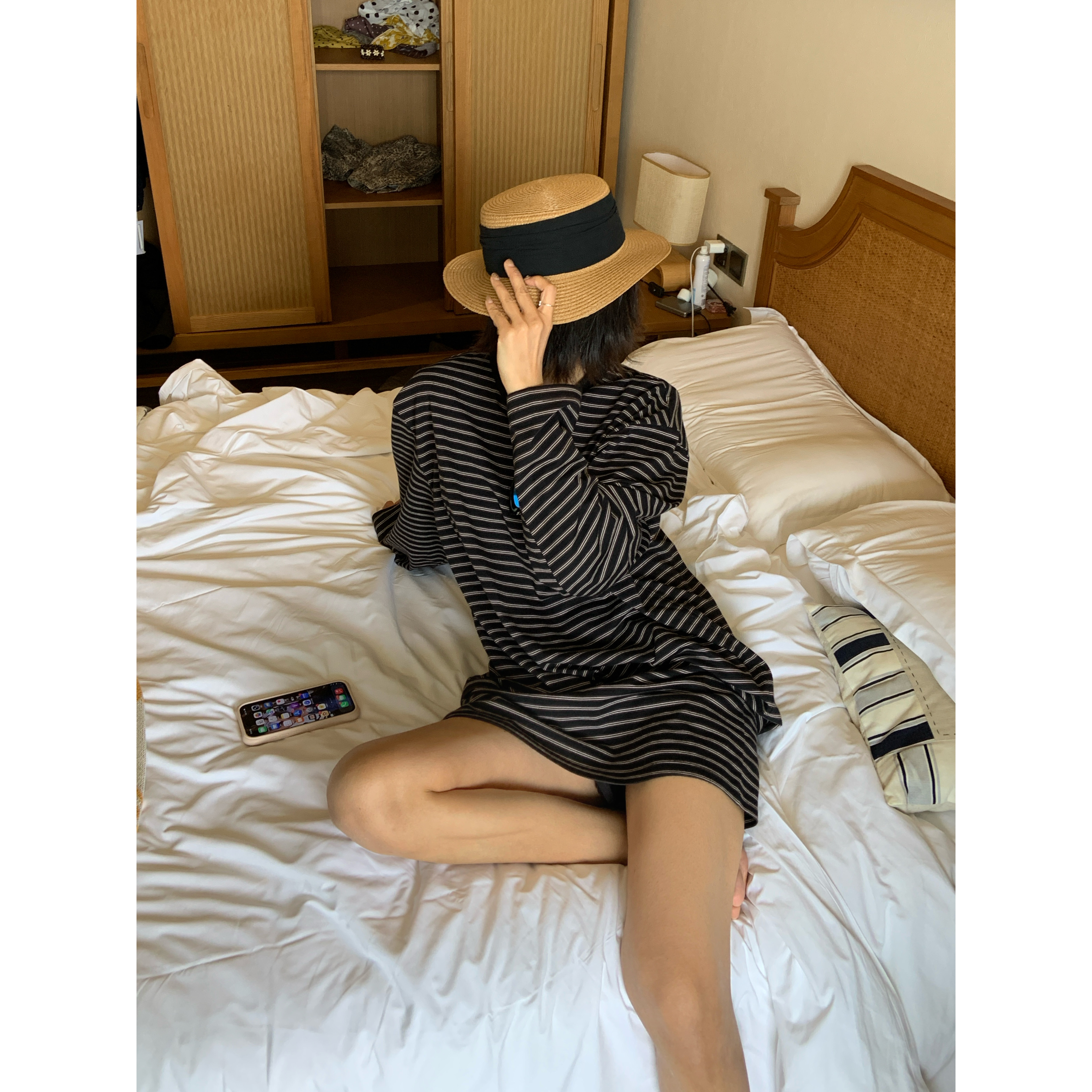 不咸cheese 韩系慵懒风条纹长袖T恤女秋冬宽松两件套套装