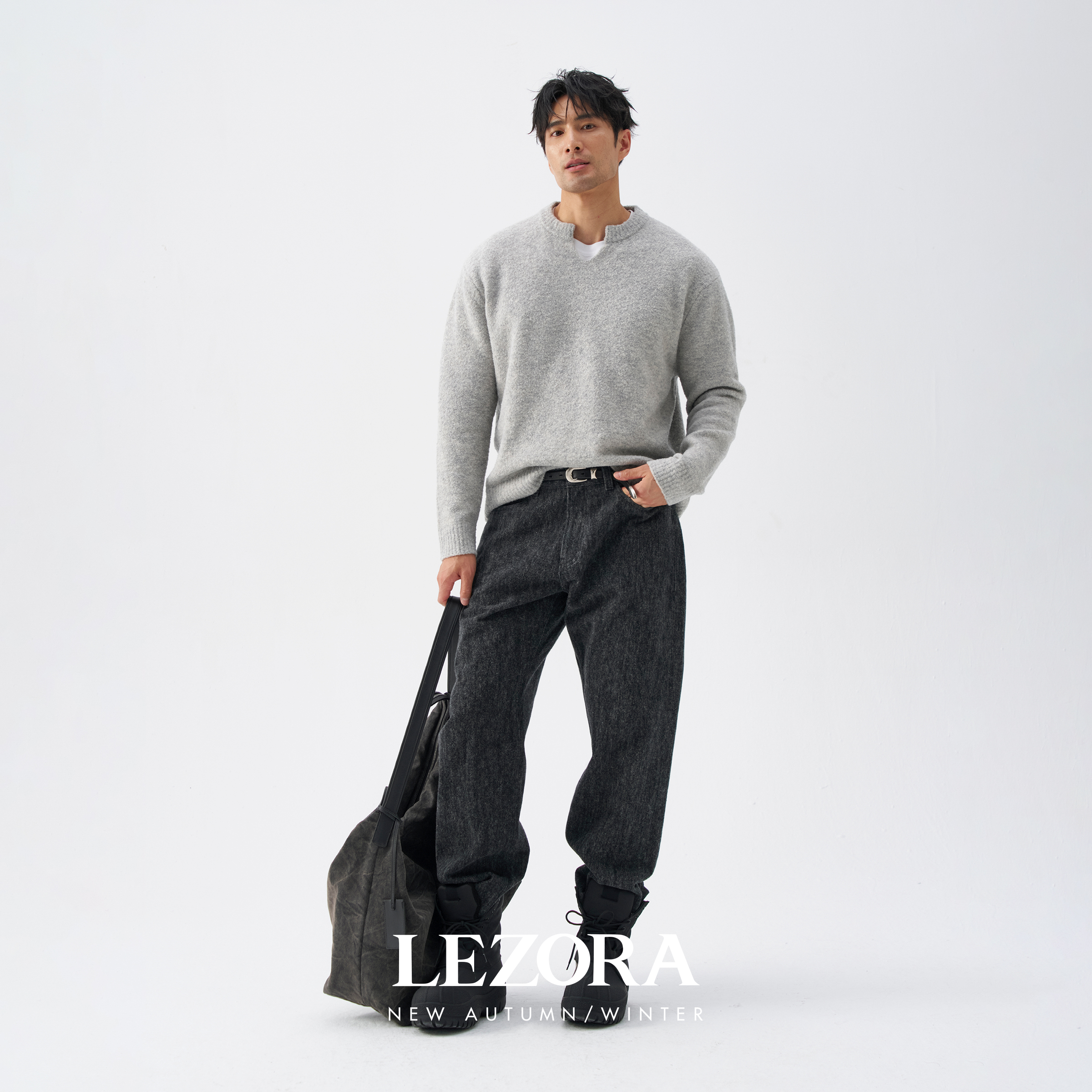 LEZORA磨毛雪花直筒牛仔裤