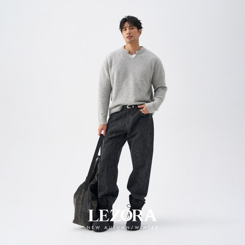 LEZORA磨毛雪花直筒牛仔裤