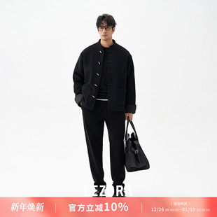 LEZORA山羊绒拼缎面三醋酸 羊绒大衣男 金属竹节扣立领新中式