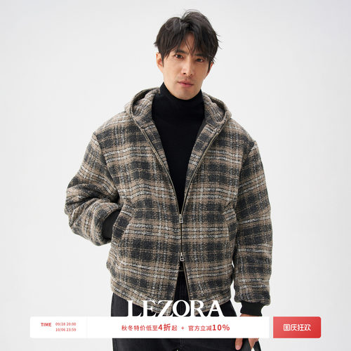 LEZORA格纹编织粗纺羊毛连帽棉服