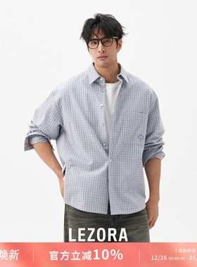 LEZORA 日本进口色织短绒全棉磨毛 蓝色细格银杏叶刺绣秋冬衬衫男