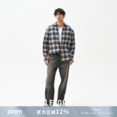 LEZORA 男 衬衫 全棉磨毛人字纹法兰绒 蓝色大格纹宽松休闲长袖
