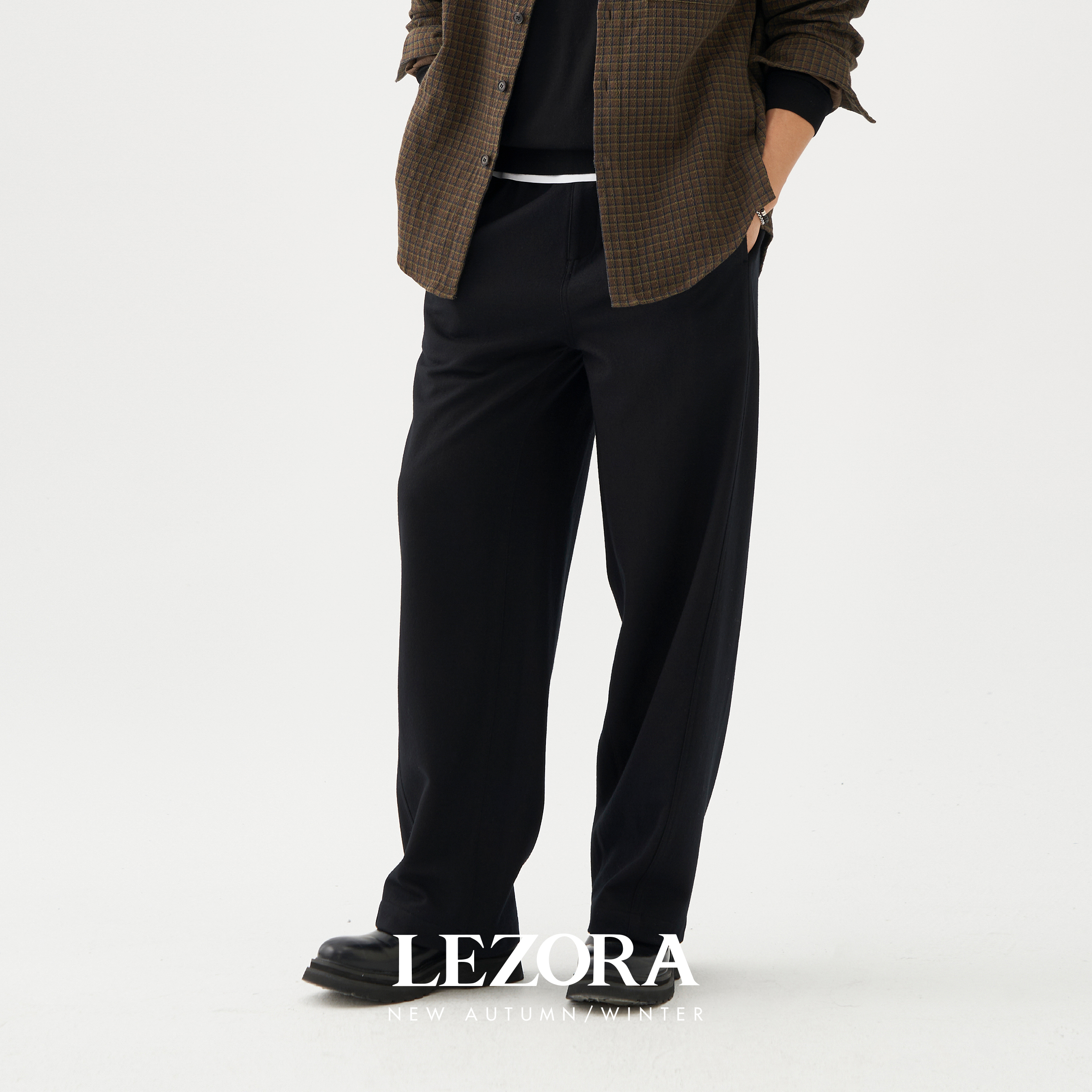 LEZORA斜纹羊毛松紧腰直筒弯刀裤