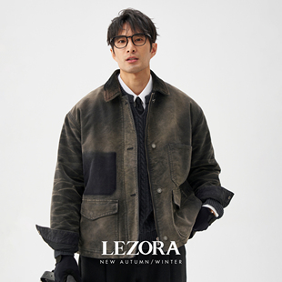 LEZORA 夹克棉服男 重工vintage法工Moleskin鼹鼠皮灯芯绒翻领工装