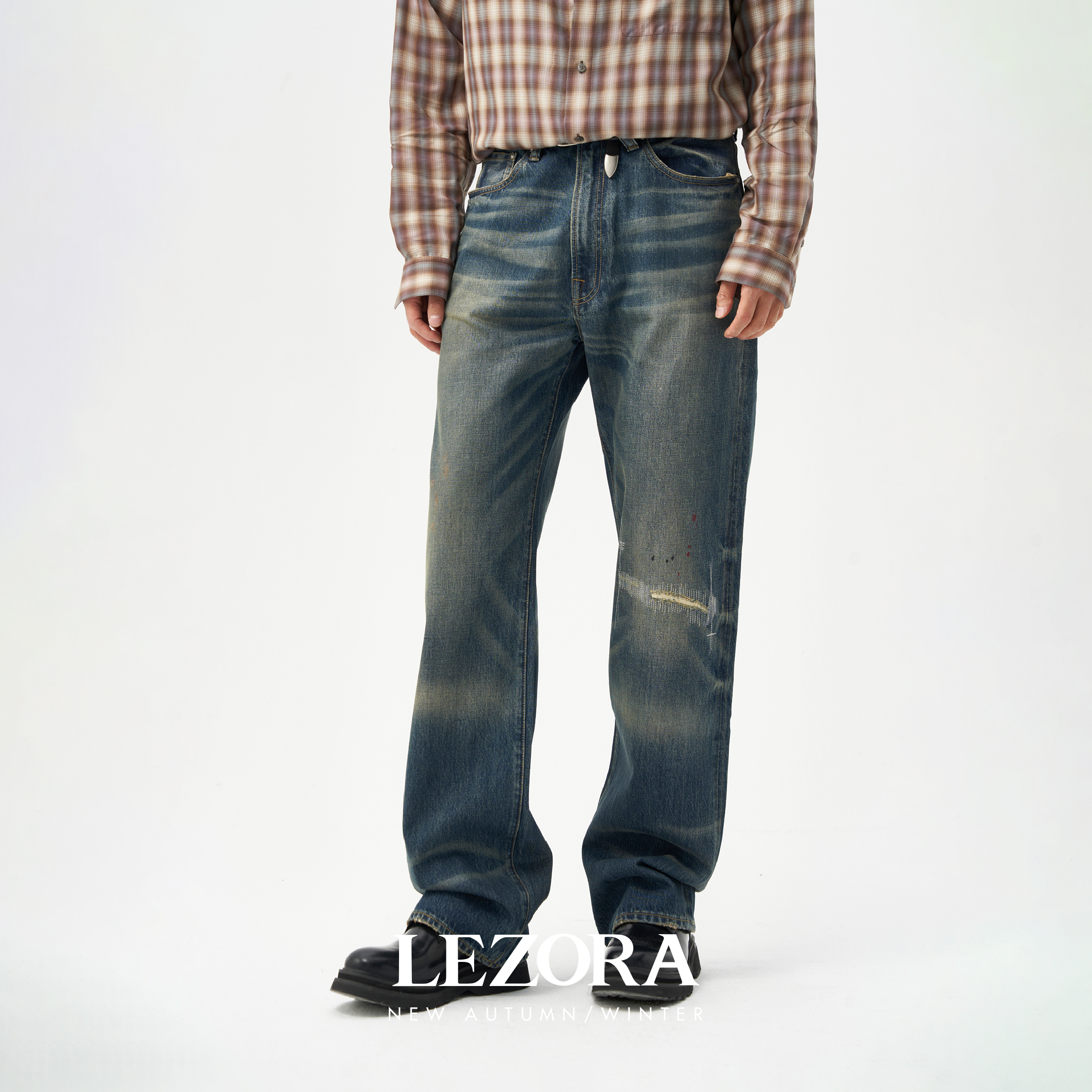 LEZORA工装补丁大猫须直筒牛仔裤