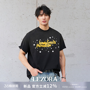 LEZORA 怀旧太空漫游!洗水破坏vintage星光灯牌宽松短袖T恤男