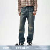 工装 补丁大猫须vintage破坏 美国cone LEZORA denim直筒牛仔裤 男