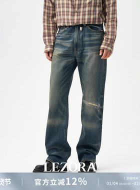 LEZORA 工装补丁大猫须vintage破坏！美国cone denim直筒牛仔裤男