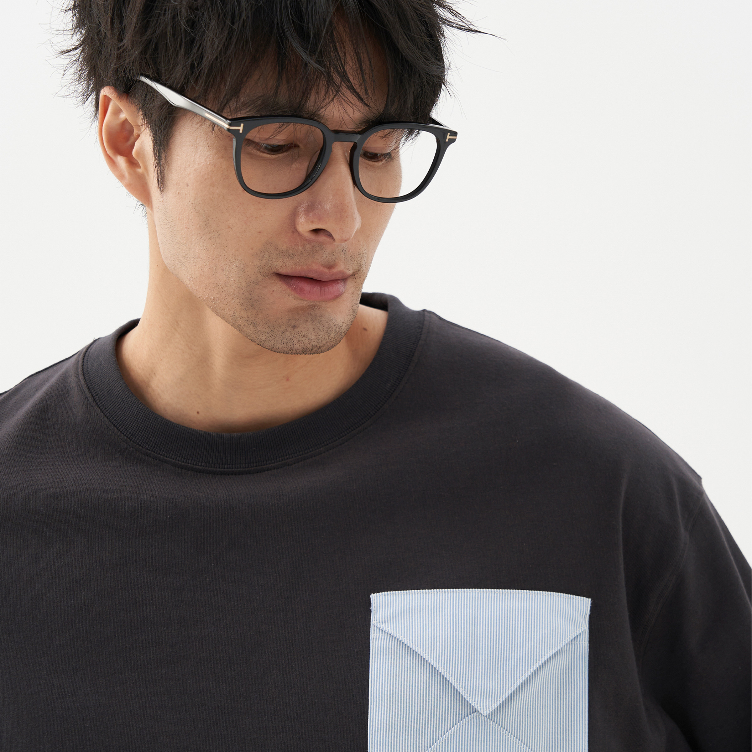 LEZORA vintage质感！进口复古提花编织强捻棉 信封口袋宽松T恤男