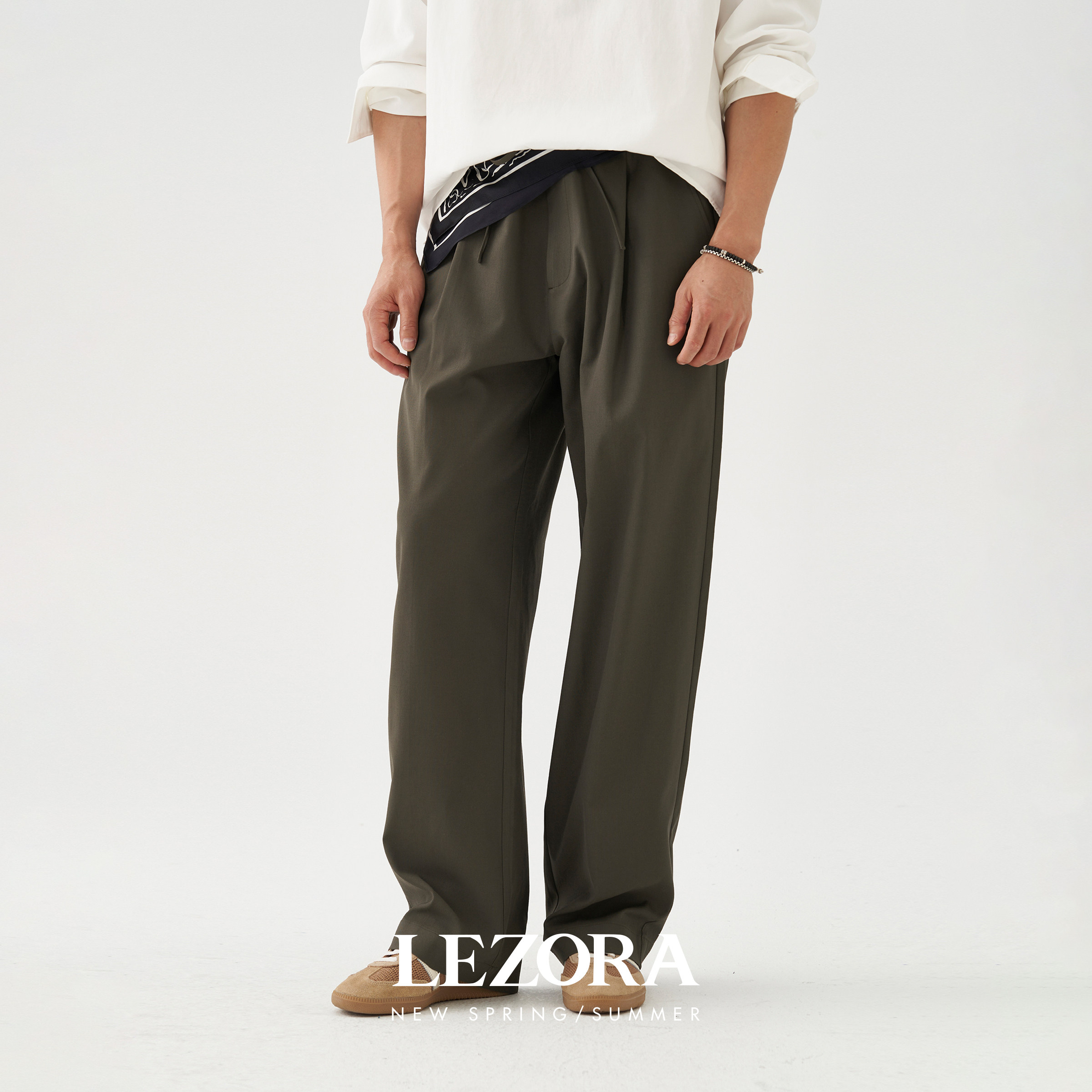 LEZORA日本Proshell亚麻牛津布透气抗皱大直筒吸湿排汗休闲西裤男