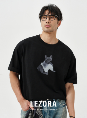 LEZORA 我是法斗mars！vintage重水洗澳棉廓形圆领短袖T恤男夏