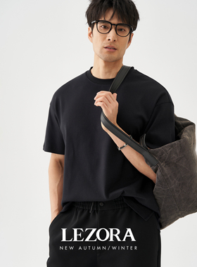 LEZORA美产300g重磅supima双面液氨匹马棉 宽松落肩黑色短袖T恤男