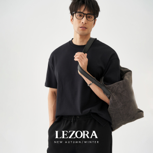 LEZORA美产300g重磅supima双面液氨匹马棉 T恤男 宽松落肩黑色短袖