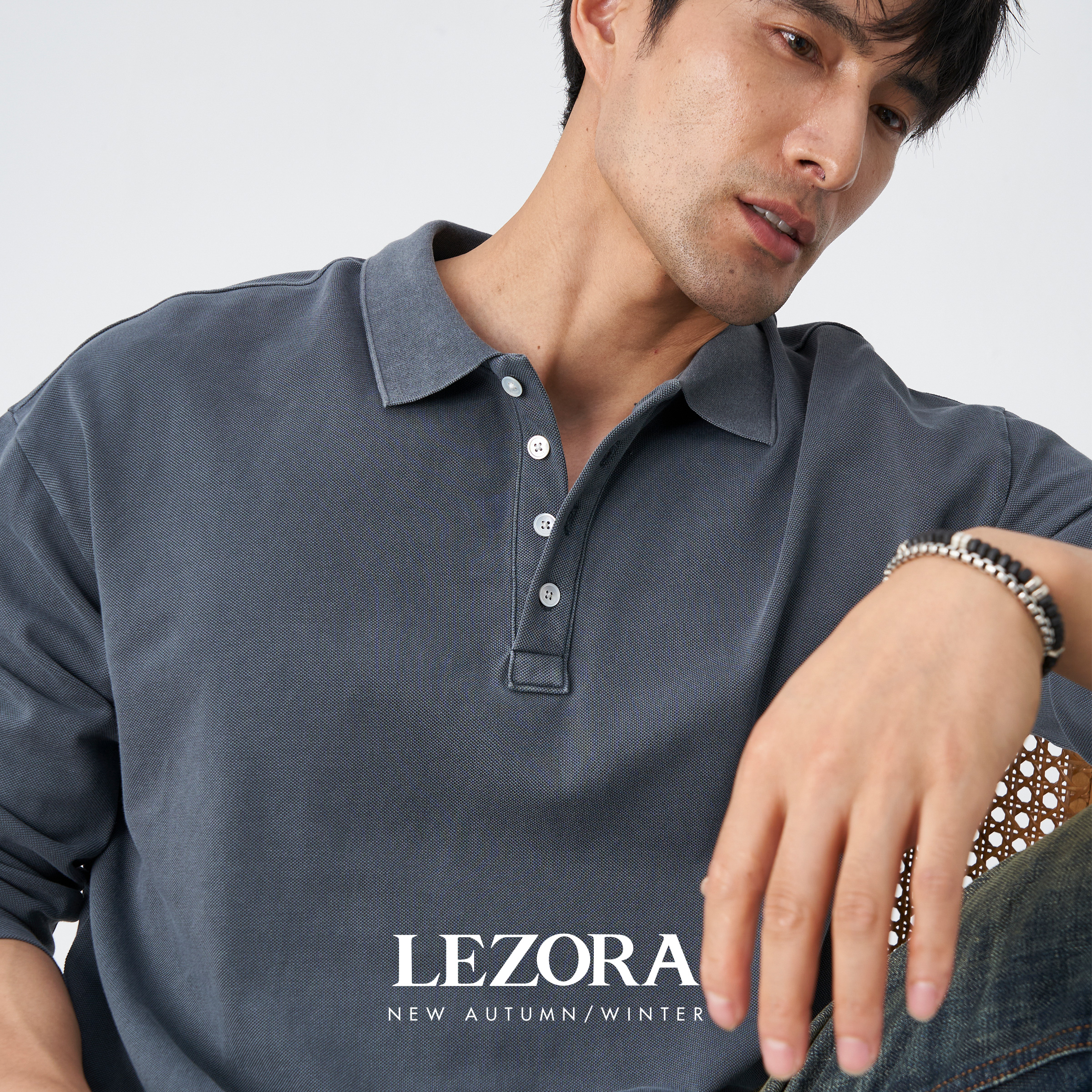 LEZORA美式复古珠地棉长袖polo衫