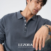 polo衫 LEZORA美式 成衣染色珠地棉透气长袖 落色 男 复古vintage工装