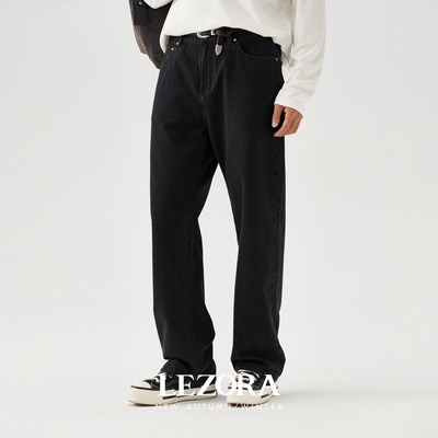 LEZORA獨特肌理黑色直筒牛仔裤