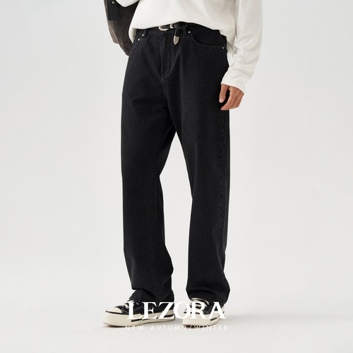 LEZORA獨特肌理黑色直筒牛仔裤