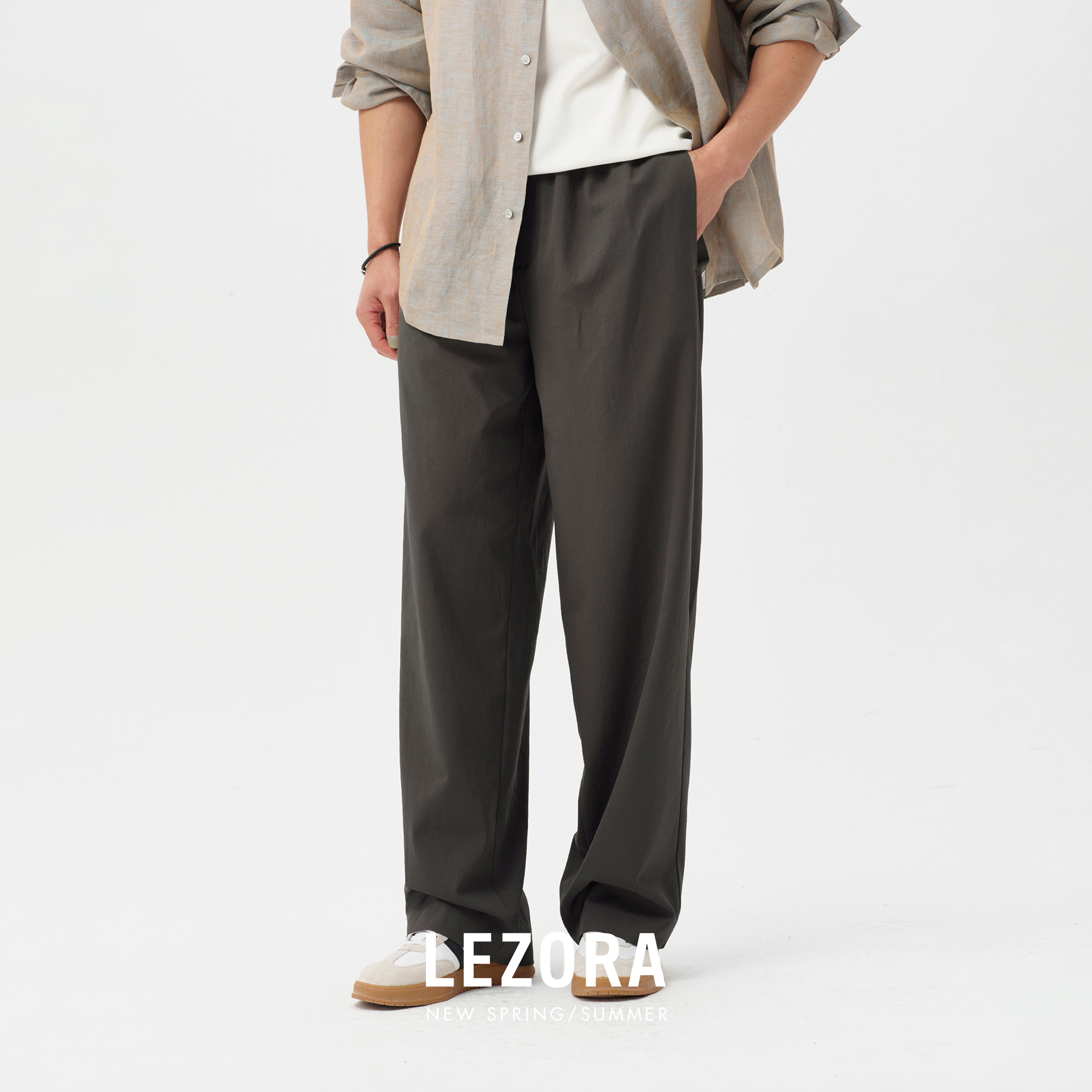 LEZORA微皱三醋酸直筒透气休闲裤