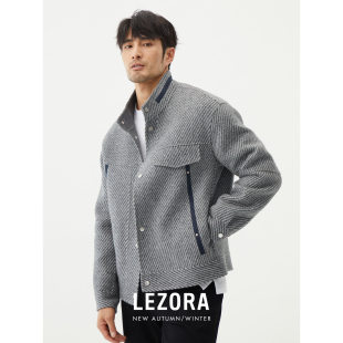 秋冬織帶拼接短款 立領羊毛夾克男 獨家定制黑白斜紋羊毛 LEZORA