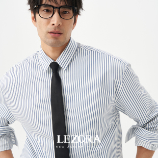 衬衫 休闲长袖 男 色织海洋蓝条纹秋季 LEZORA日本产100英支超细棉