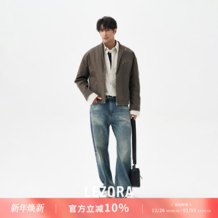 LEZORA vintage复古水洗立领机车夹克男 进口全棉双层油蜡布