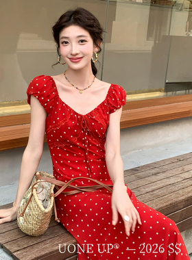 UONE-26年春上新法式浪漫波点碎花复古气质蕾丝拼接连衣裙