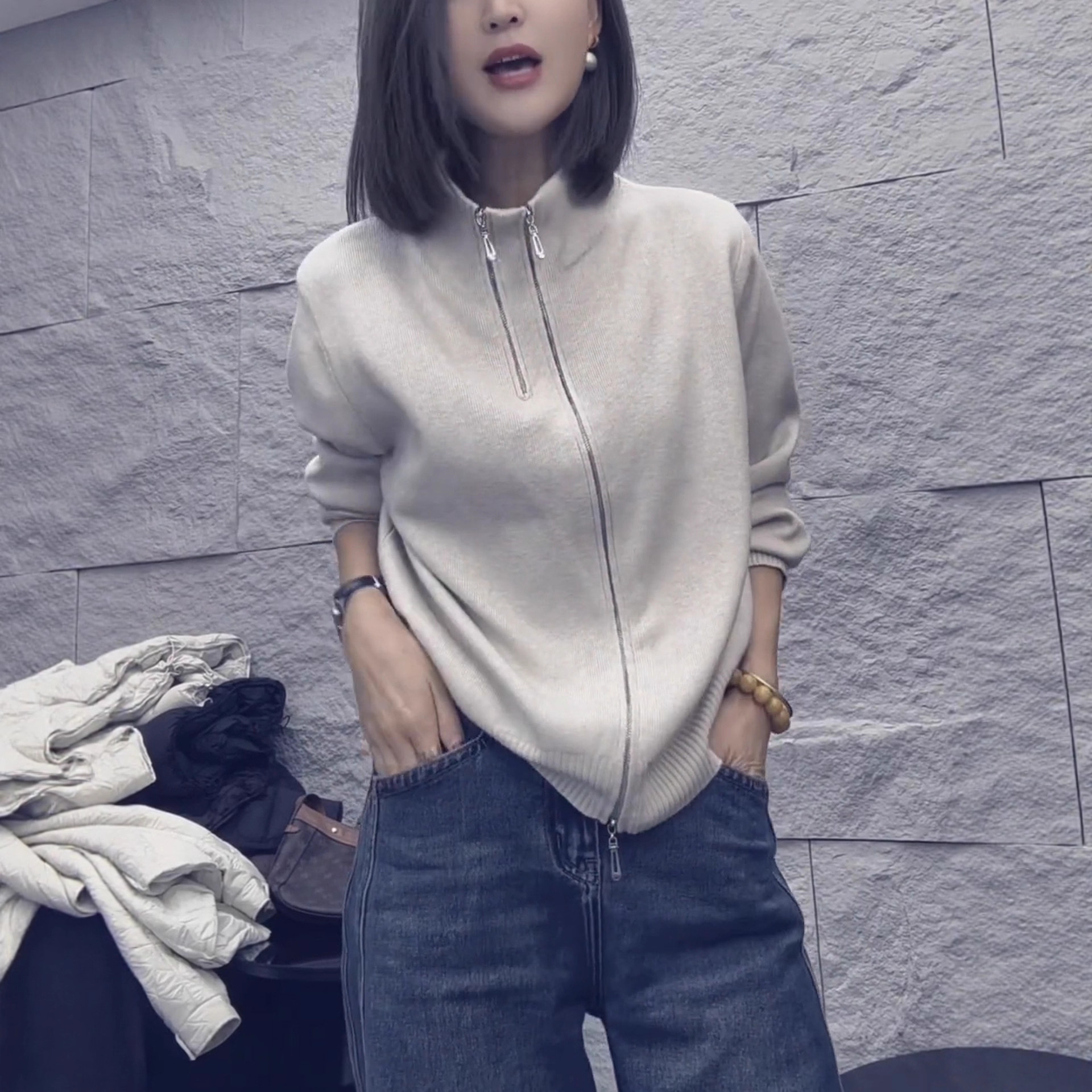 设计感双拉链针织衫女2025新款巨好看的早秋穿搭毛衣外套开衫上衣