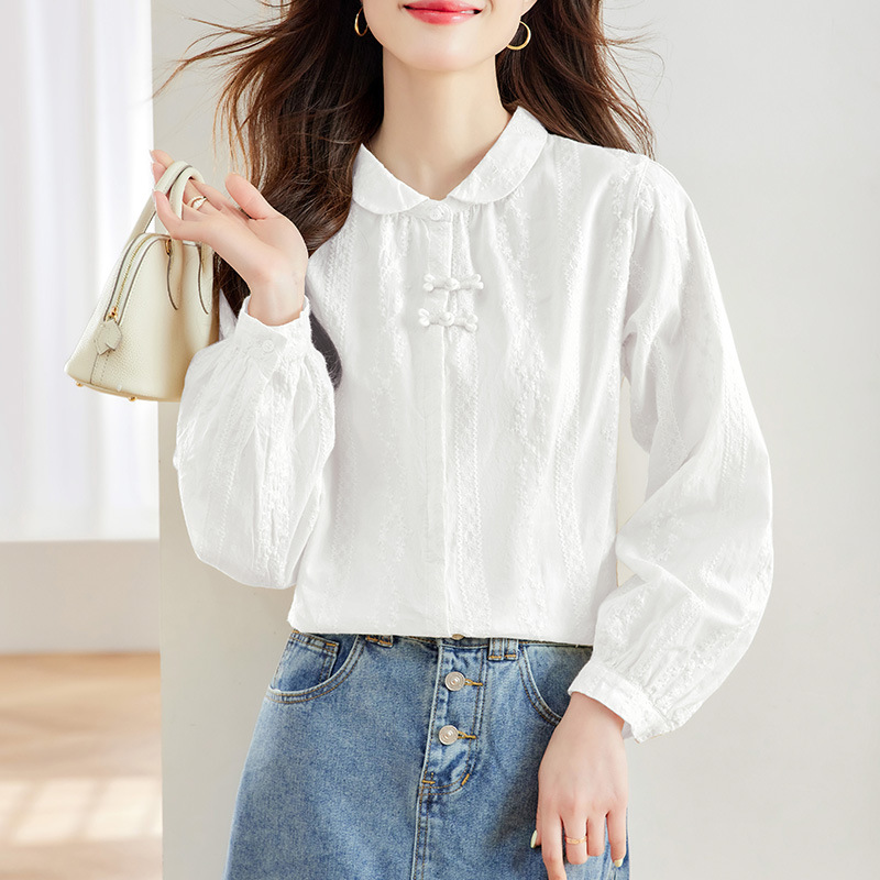 Cotton Cocoon Apricot Embroidered Shirt Women's Long-Sleeved