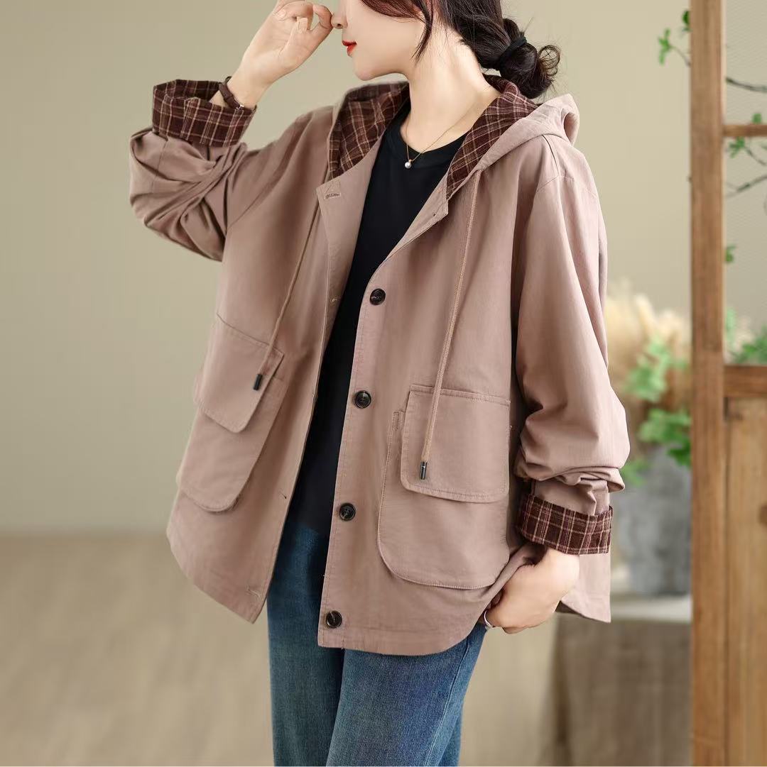 2025年外套宽松休闲韩版学院风上衣连帽风衣韩版外套新款大版外套