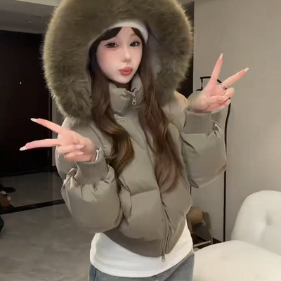 韩系连帽大毛领短款羽绒服女2025冬季新款百搭减龄显瘦白鸭绒外套