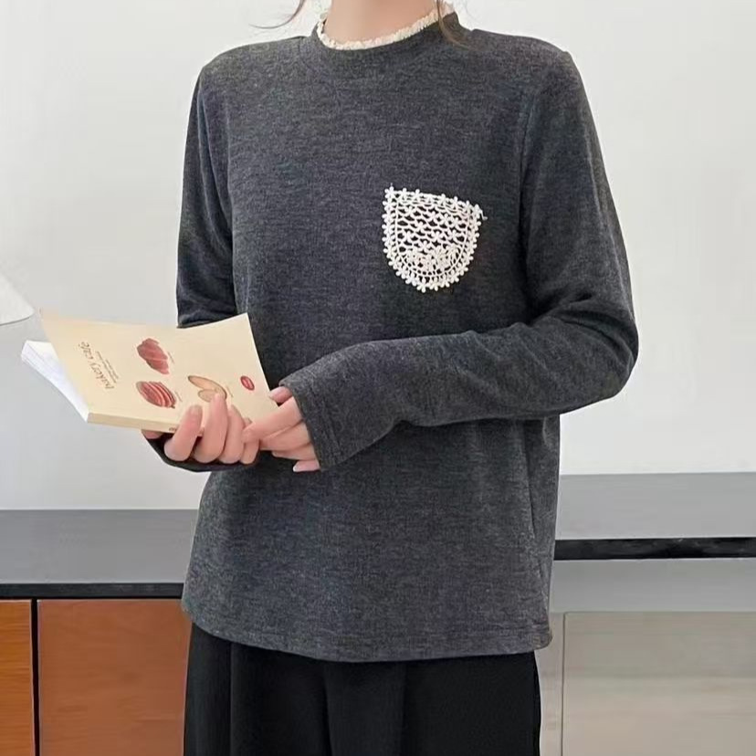 25年秋冬打底衫女蕾丝口袋领口花边打底衫套头保暖打底衫新款软糯