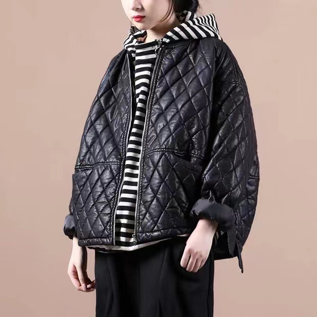 秋冬菱形格皮衣外套女宽松休闲加棉加厚保暖外套开衫显瘦夹克皮衣