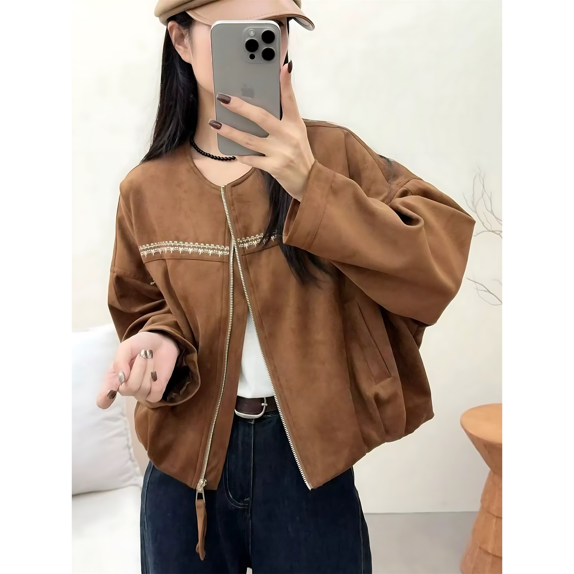 美拉德麂皮绒外套女2025秋季爆款感圆领洋气百搭休闲夹克上衣