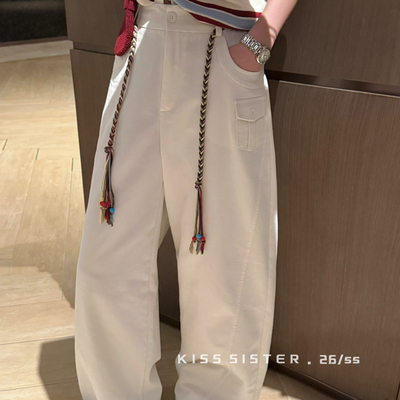 KISS SISTER-苏腰绳设计高腰阔腿显瘦垂感百搭牛仔休闲裤(配腰绳)