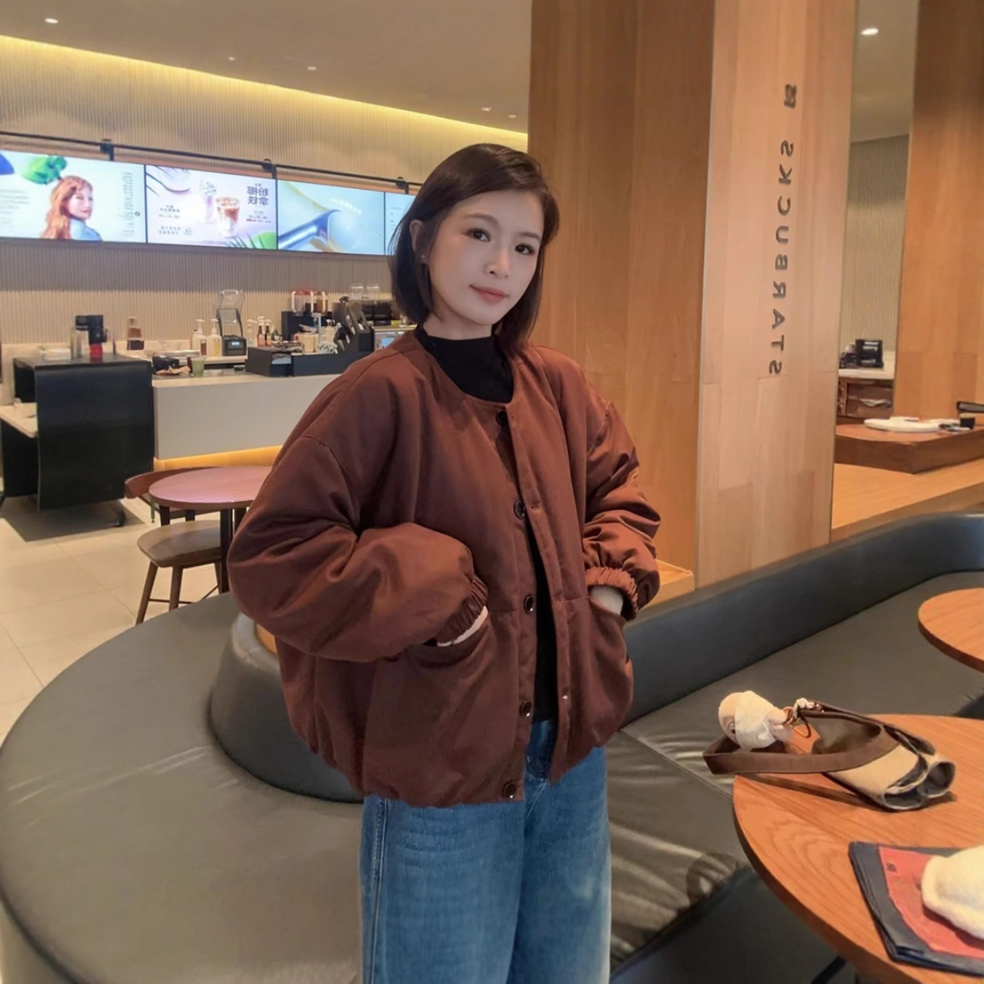 欧货圆领羽绒棉服外套女2025秋冬新款休闲宽松百搭保暖夹棉外套