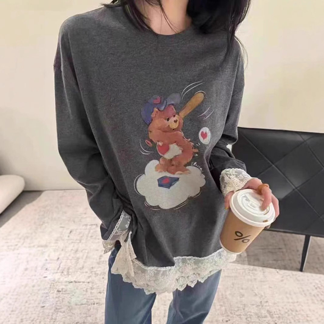 韩系蕾丝花边拼接中长款卫衣女2打底裤