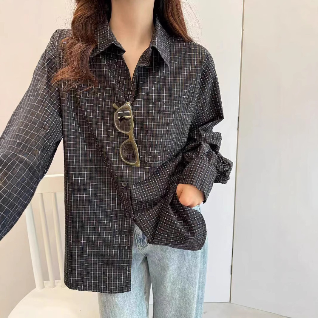2025新款衬衫女春日氛围感穿搭翻领韩版格子衬衫宽松叠穿慵懒衬衫