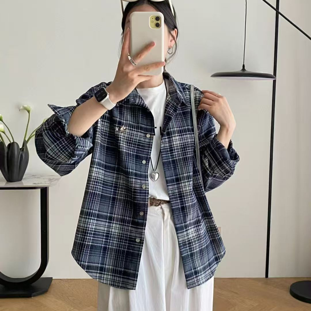 25年秋款衬衫长袖宽松休闲韩版学院风TR格子衬衣时尚减龄显瘦外套