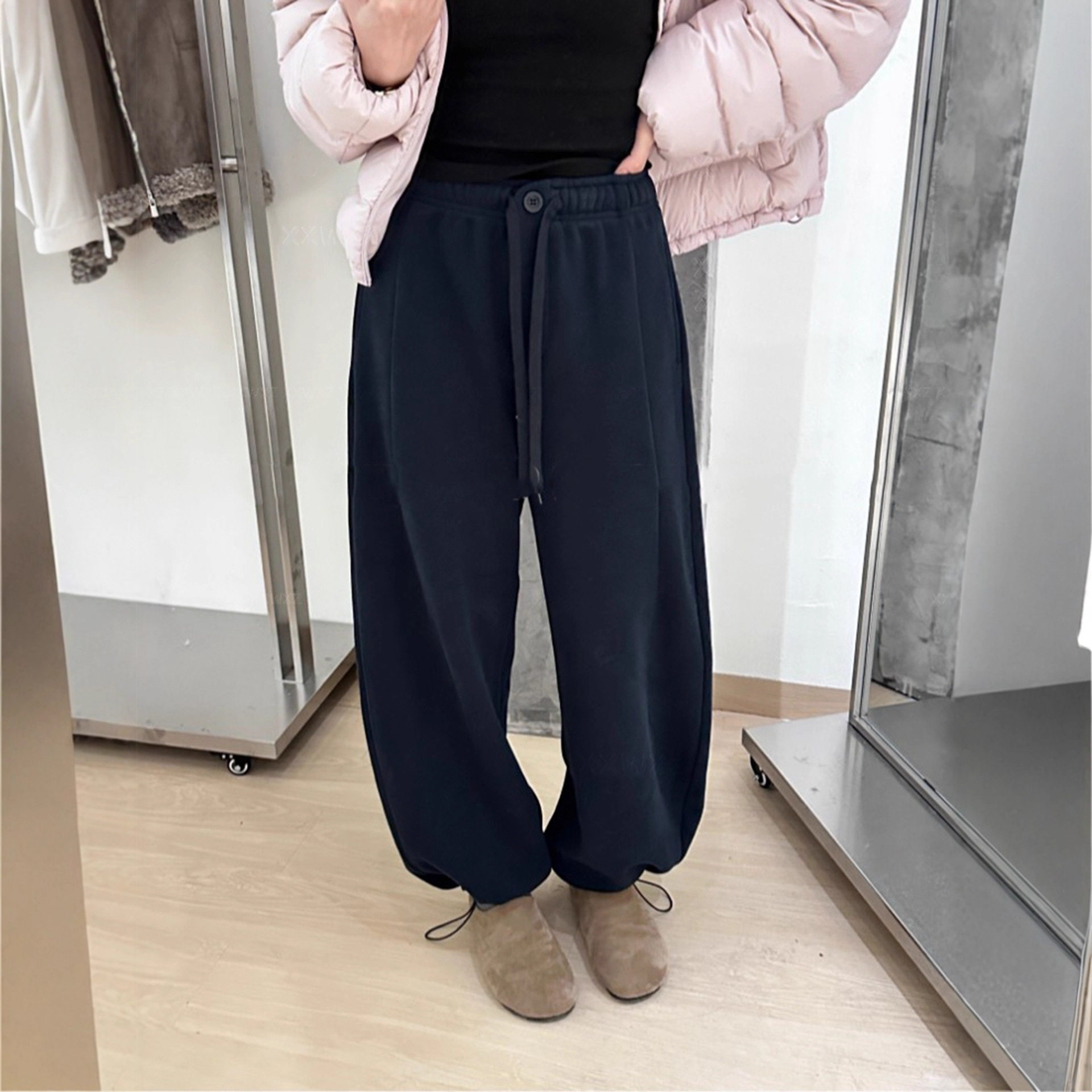 加绒卫裤糯米裤子女冬加厚阔腿裤2025新款韩系休闲宽松束脚运动裤